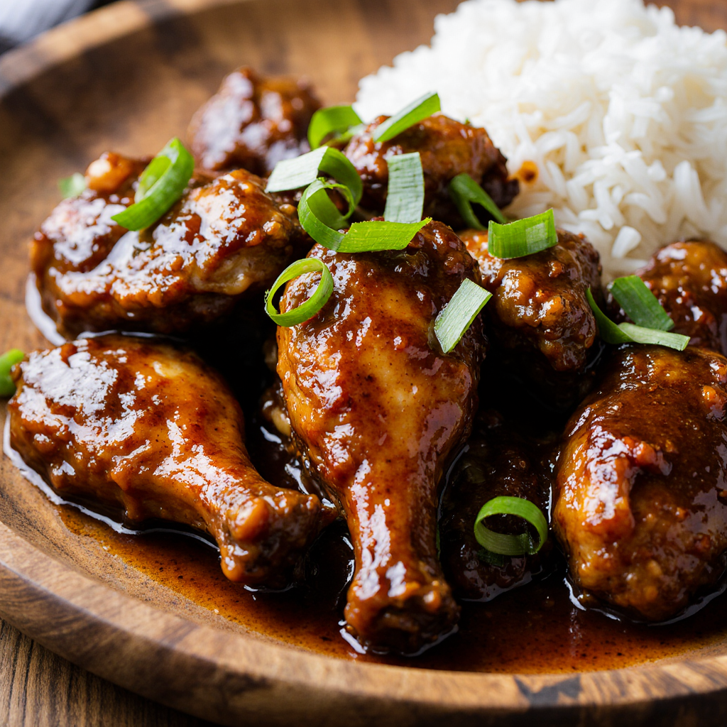 Filipino adobo chicken wings on rustic plate