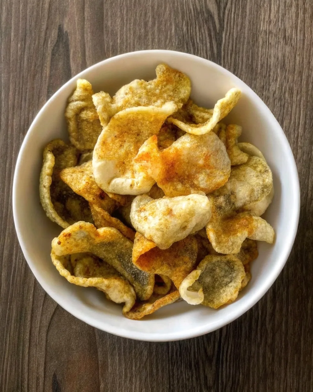 Crispy fish skin chips in rustic bowl