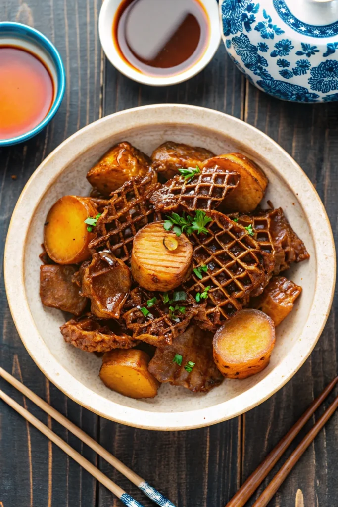 A close-up, dramatic shot of a bowl of expertly braised beef honeycomb tripe with a glossy sauce.