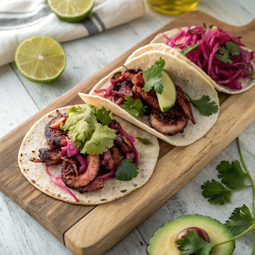 A top-down view of three delicious grilled octopus tacos on a wooden board, ready to eat.