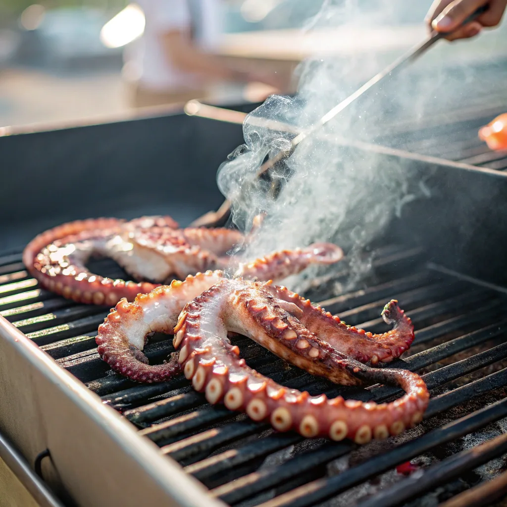 Octopus Tacos: The Ultimate Guide to Amazing Flavor 7 Octopus tentacles cooking on a hot grill to get a perfect char for tacos.
