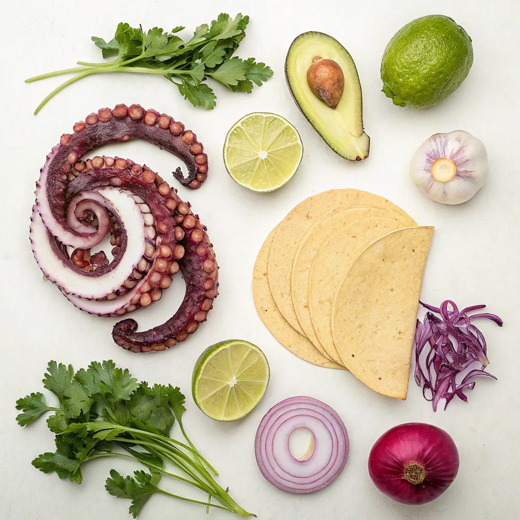 Octopus Tacos: The Ultimate Guide to Amazing Flavor 6 All the fresh ingredients needed to make grilled octopus tacos, laid out on a table.
