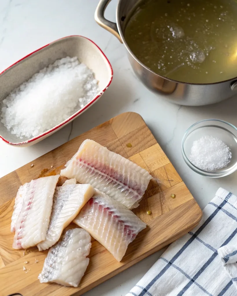 How to Make Crispy Fish Skin Chips: Easy, Crunchy & Delicious 7 Raw fish skins and ingredients on cutting board