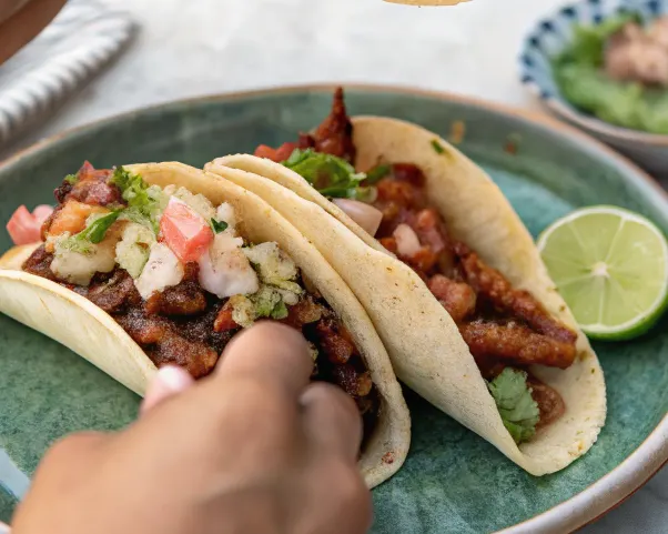 Octopus Tacos: The Ultimate Guide to Amazing Flavor 8 A hand holding a freshly made octopus taco, showing all the colorful layers of toppings.